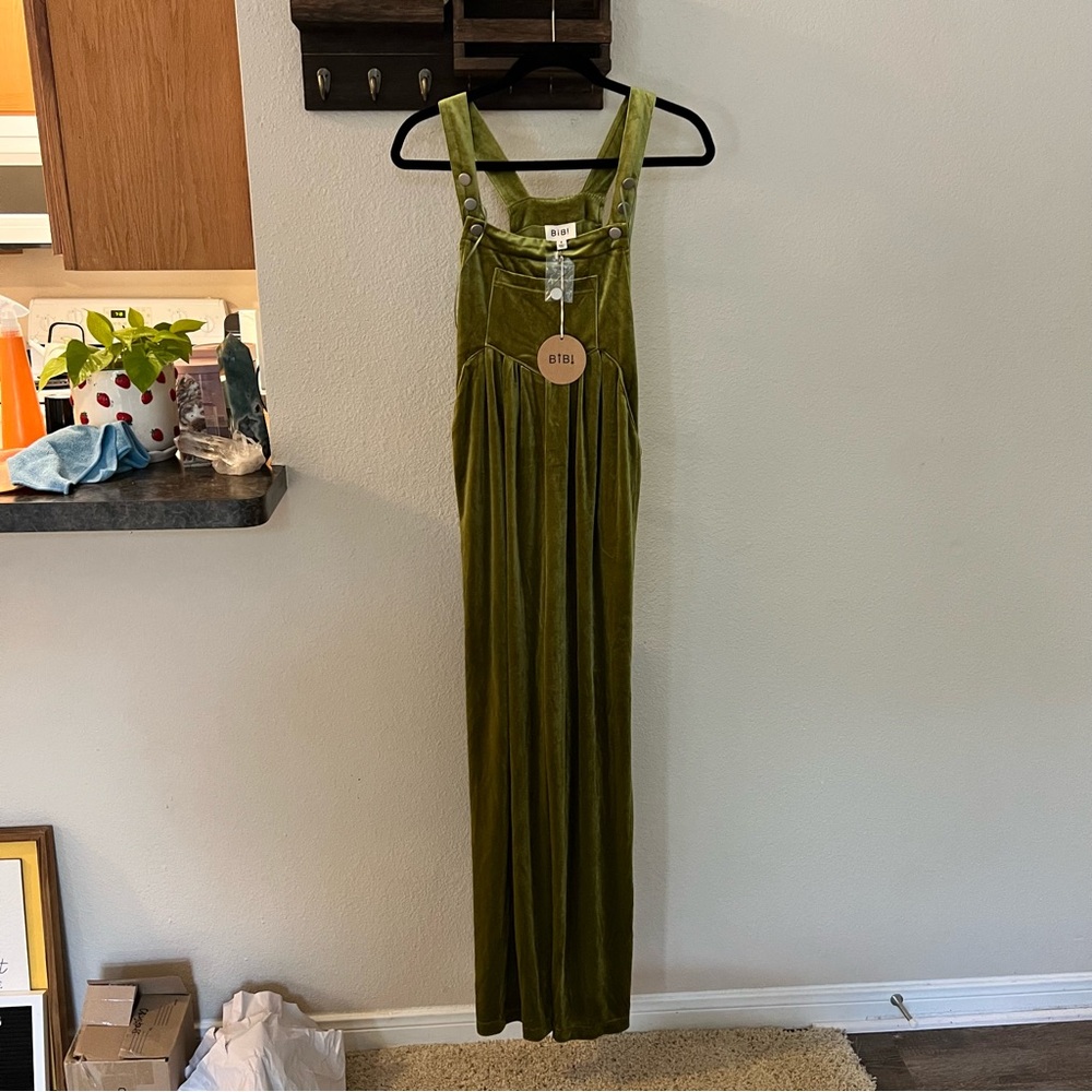 BiBi Olive Green Velvet Wide Leg Boho Jumpsuit